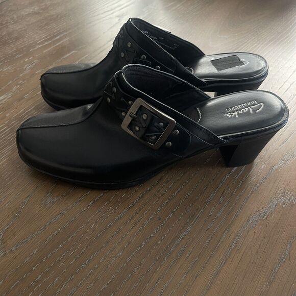 Clarks Bendables Slip On Mule Clog Womens Size 11 Black Leather Mirabelle Buckle - Picture 3 of 10